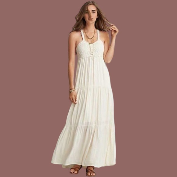 American Eagle Boho Crochet Lace Knit Ivory Tiered Maxi Dress - Picture 1 of 13